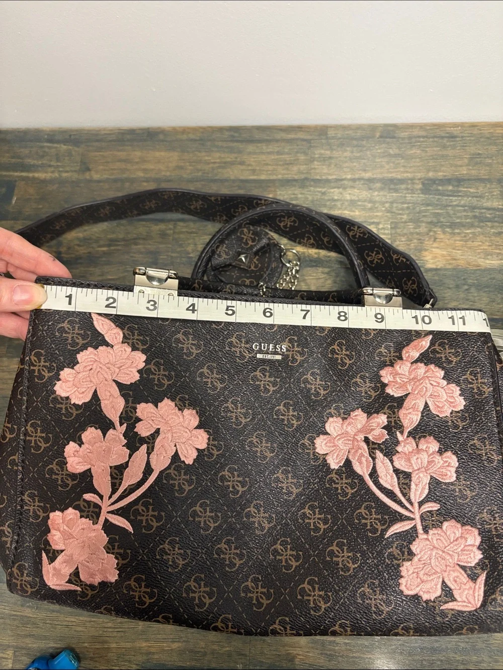 GUESS Brown Satchel with Pink Floral Embroidery